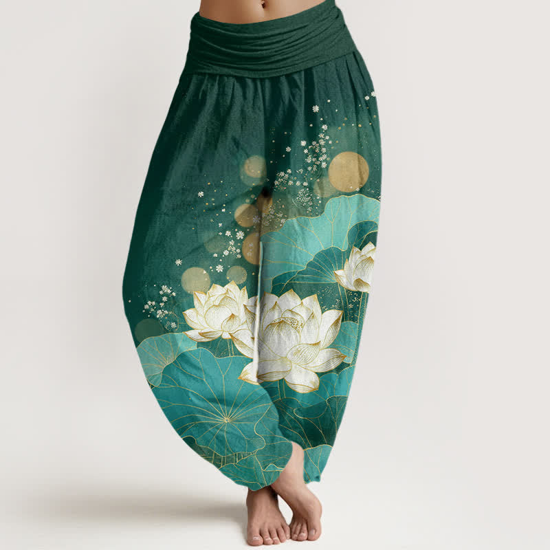 Buddha Stones Pantaloni harem da donna in cotone con motivo a foglie di loto orientali e elastico in vita. - Verde scuro - US16, UK/AU20, EU48 (3XL) - image 0