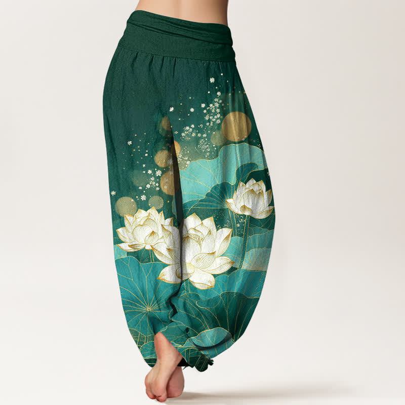 Buddha Stones Pantaloni harem da donna in cotone con motivo a foglie di loto orientali e elastico in vita. - image 1