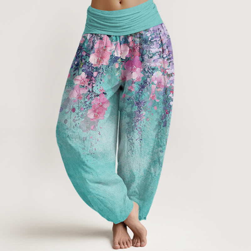 Buddha Stones Pantaloni harem da donna in cotone con elastico in vita e fantasia floreale da giardino. - Turchese medio - US16, UK/AU20, EU48 (3XL) - image 0