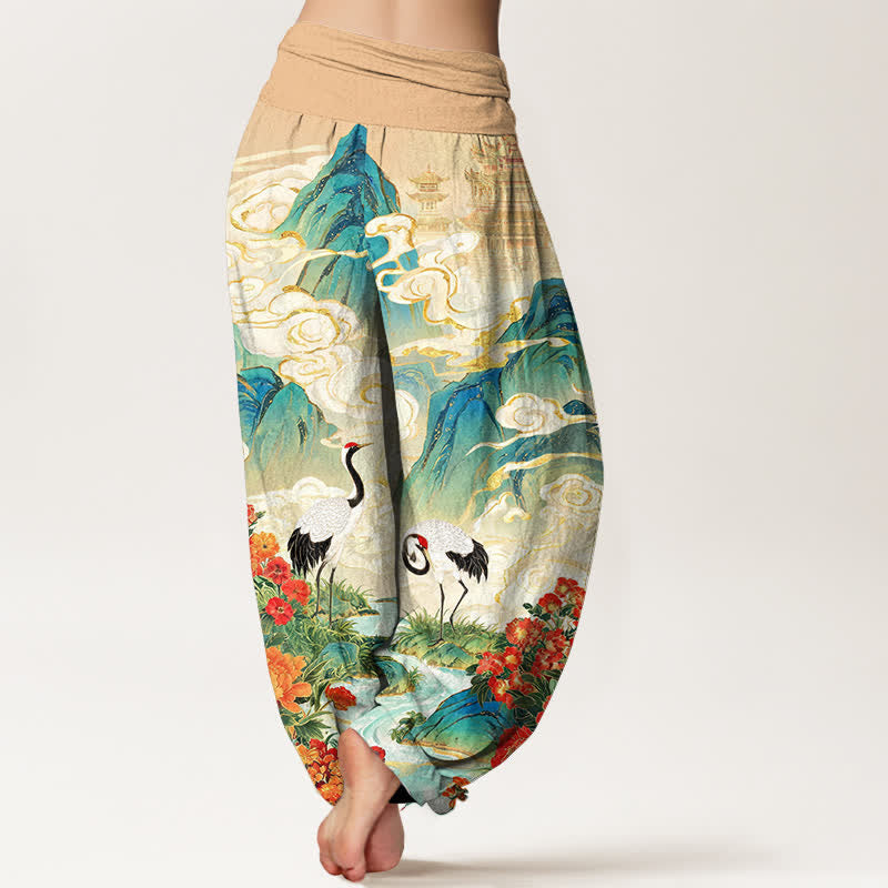 Buddha Stones Pantaloni harem da donna in cotone con motivo floreale e gru, vita elasticizzata. - image 1