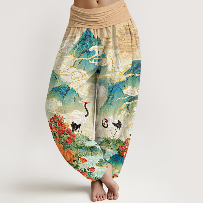 Buddha Stones Pantaloni harem da donna in cotone con motivo floreale e gru, vita elasticizzata. - Grano - US16, UK/AU20, EU48 (3XL) - image 0