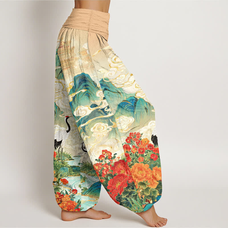 Buddha Stones Pantaloni harem da donna in cotone con motivo floreale e gru, vita elasticizzata. - image 2