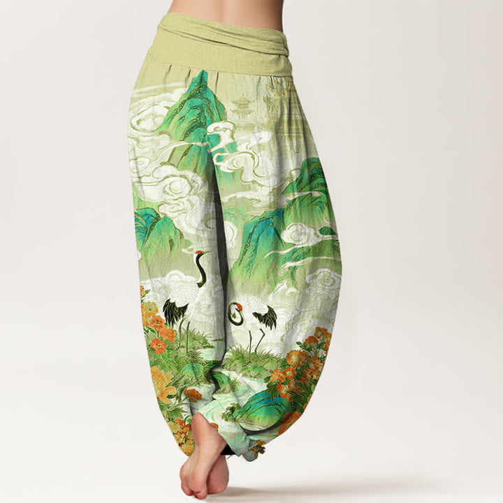 Buddha Stones Pantaloni harem da donna in cotone con motivo floreale e gru, vita elasticizzata. - image 6
