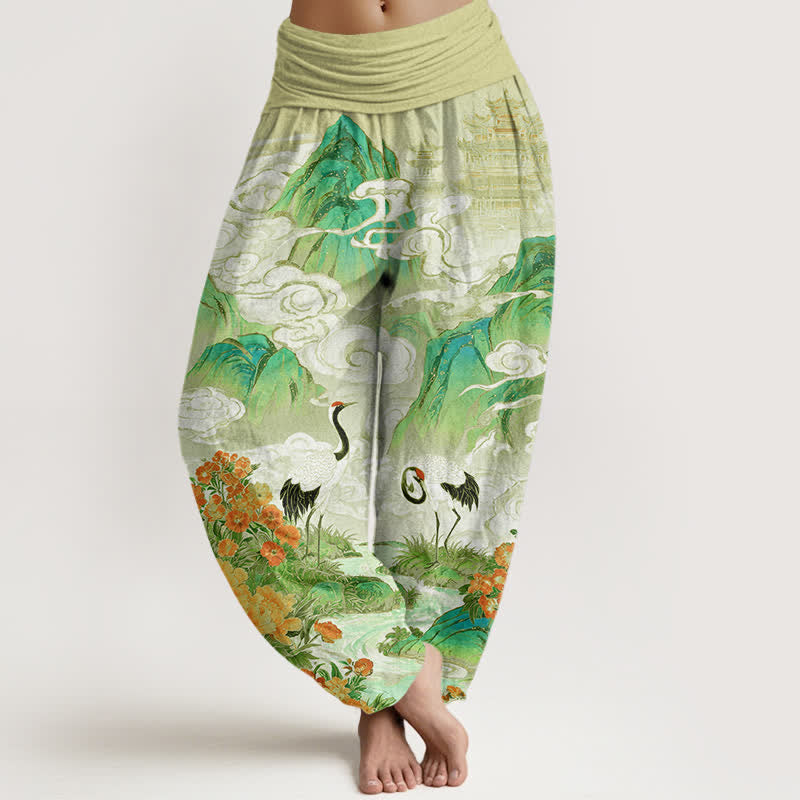 Buddha Stones Pantaloni harem da donna in cotone con motivo floreale e gru, vita elasticizzata. - Verga d'oro pallida - US16, UK/AU20, EU48 (3XL) - image 5
