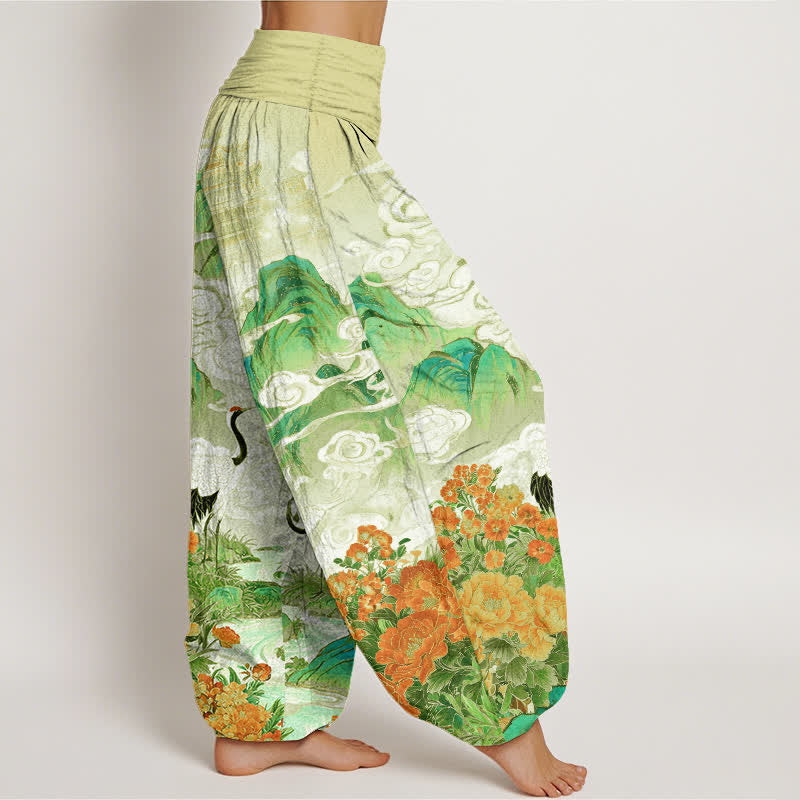 Buddha Stones Pantaloni harem da donna in cotone con motivo floreale e gru, vita elasticizzata. - image 7