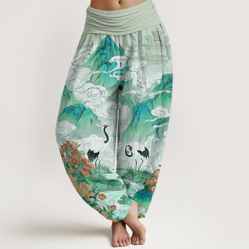 Buddha Stones Pantaloni harem da donna in cotone con motivo floreale e gru, vita elasticizzata. - Verde Mare Scuro - US16, UK/AU20, EU48 (3XL) - image 8