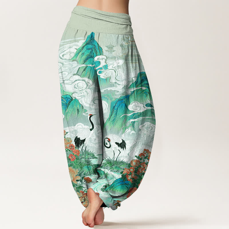 Buddha Stones Pantaloni harem da donna in cotone con motivo floreale e gru, vita elasticizzata. - image 9