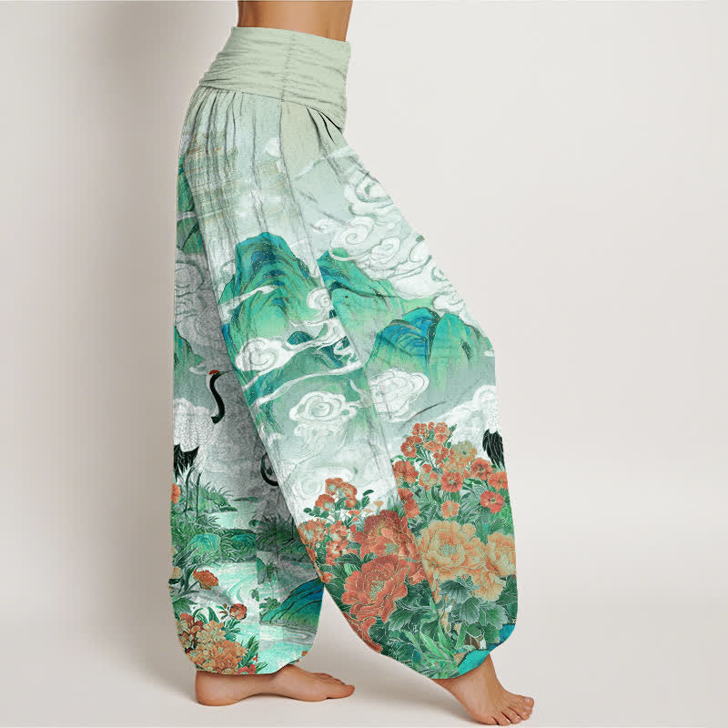 Buddha Stones Pantaloni harem da donna in cotone con motivo floreale e gru, vita elasticizzata. - image 10