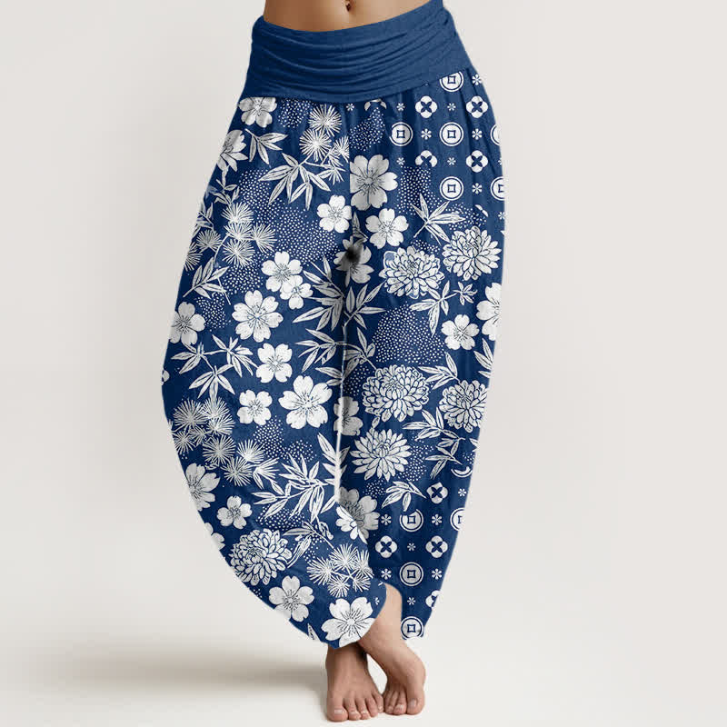 Buddha Stones Pantaloni harem da donna in cotone stile bohémien con motivo floreale geometrico e monete, vita elasticizzata. - Marina - US16, UK/AU20, EU48 (3XL) - image 0