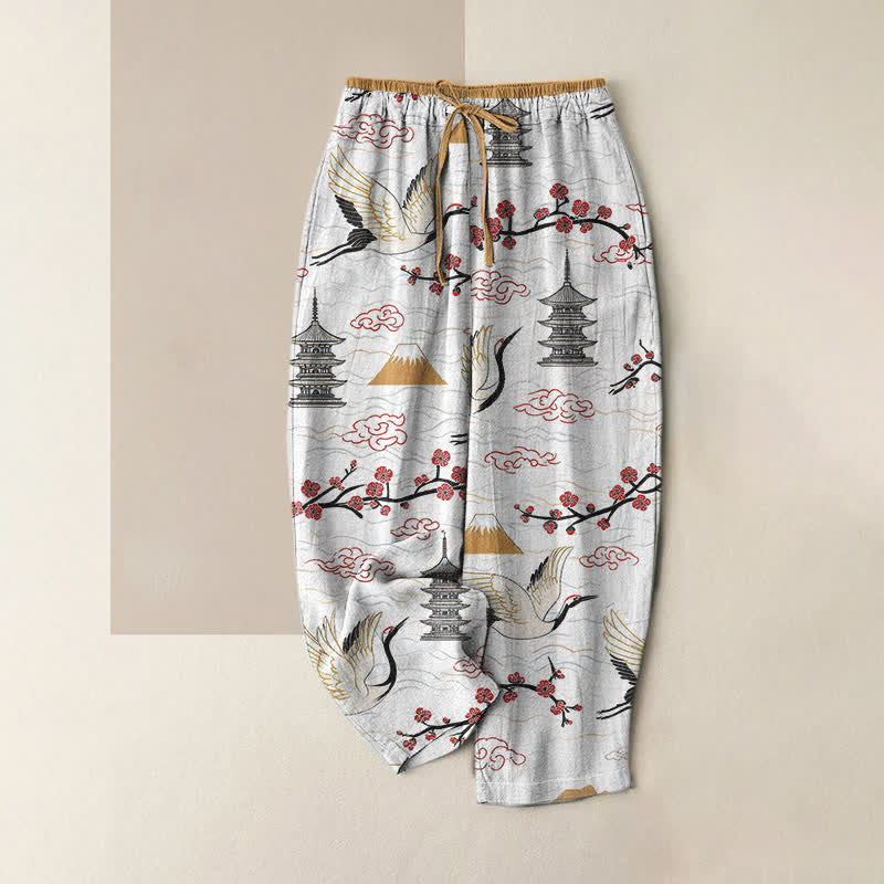 Buddha Stones Pantaloni da donna in puro cotone con elastico in vita e tasche, fantasia serena con gru di montagna. - Bianco Floreale - US16, UK/AU20, EU48 (3XL) - image 0