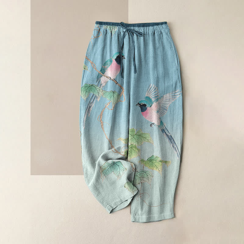 Buddha Stones Eleganti pantaloni da donna in puro cotone con elastico in vita e tasche, fantasia a rami e uccelli. - Azzurro chiaro - US16, UK/AU20, EU48 (3XL) - image 0
