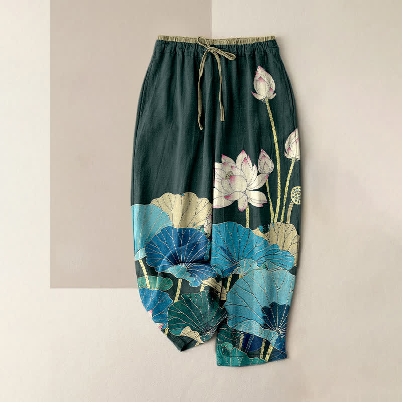 Buddha Stones Pantaloni da donna in puro cotone con elastico in vita e tasche, fantasia a fiori di loto. - Verde acqua - US16, UK/AU20, EU48 (3XL) - image 0