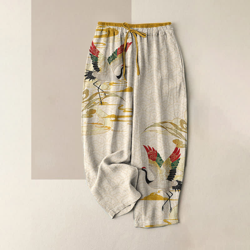 Buddha Stones Pantaloni da donna in puro cotone con elastico in vita e tasche, fantasia gru e nuvole. - Beige - US16, UK/AU20, EU48 (3XL) - image 0