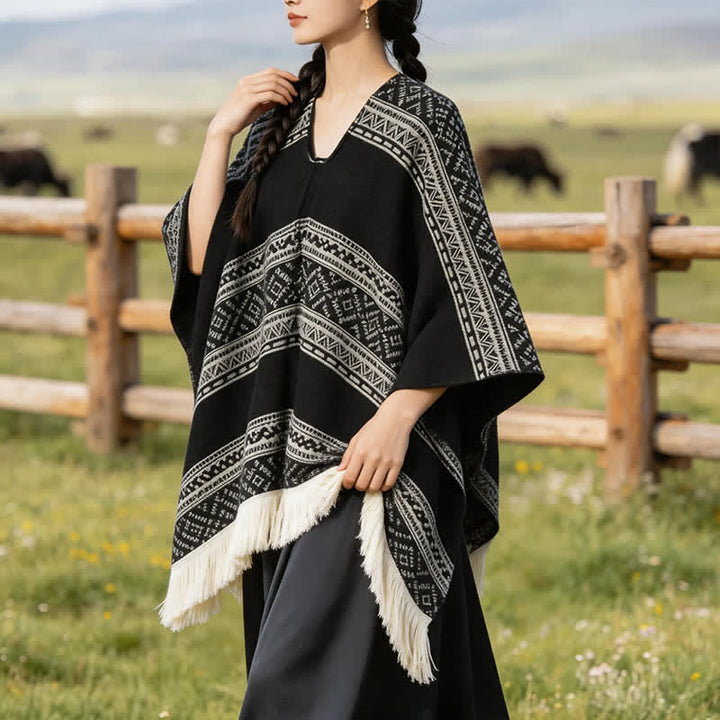 Buddha Stones Sciarpa da donna autunno/inverno in stile boho con righe geometriche e nappe. - image 2