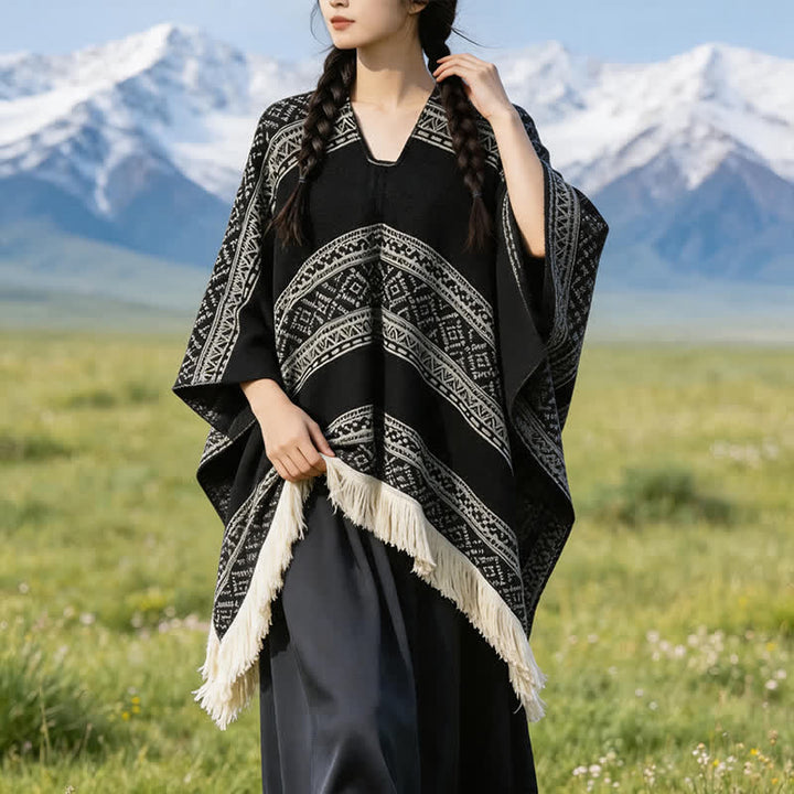 Buddha Stones Sciarpa da donna autunno/inverno in stile boho con righe geometriche e nappe. - image 1