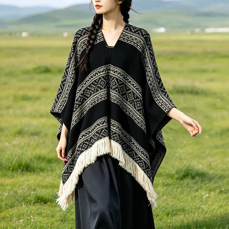 Buddha Stones Sciarpa da donna autunno/inverno in stile boho con righe geometriche e nappe. - Nero - 150*136 - image 0