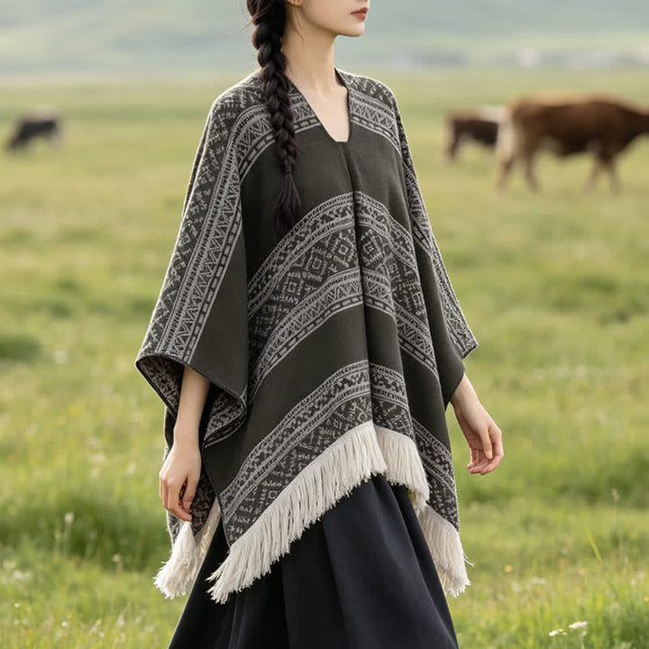 Buddha Stones Sciarpa da donna autunno/inverno in stile boho con righe geometriche e nappe. - image 6