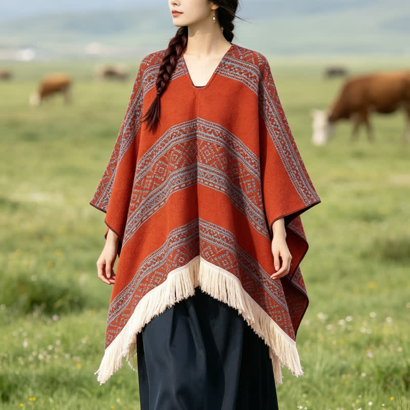 Buddha Stones Sciarpa da donna autunno/inverno in stile boho con righe geometriche e nappe. - Arancione scuro - 150*136 - image 9