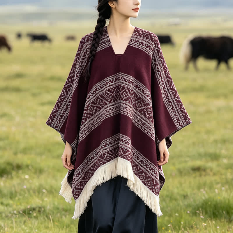 Buddha Stones Sciarpa da donna autunno/inverno in stile boho con righe geometriche e nappe. - Marrone - 150*136 - image 13