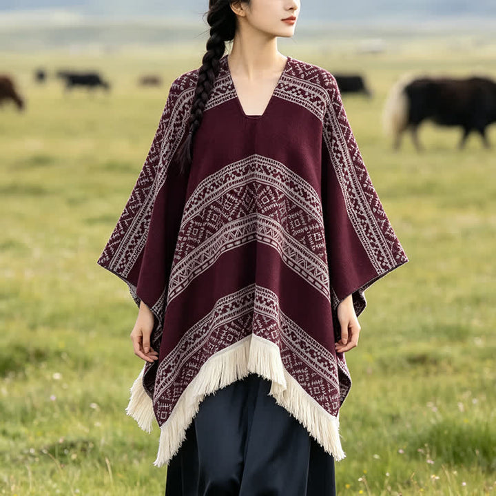 Buddha Stones Sciarpa da donna autunno/inverno in stile boho con righe geometriche e nappe. - Marrone - 150*136 - image 13