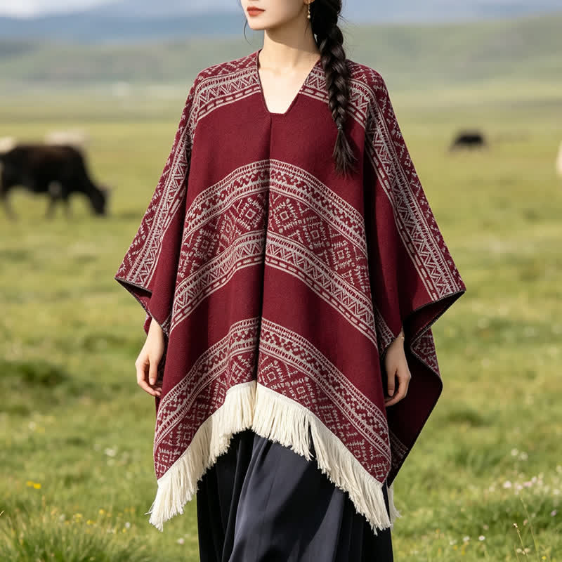 Buddha Stones Sciarpa da donna autunno/inverno in stile boho con righe geometriche e nappe. - Rosso - 150*136 - image 17