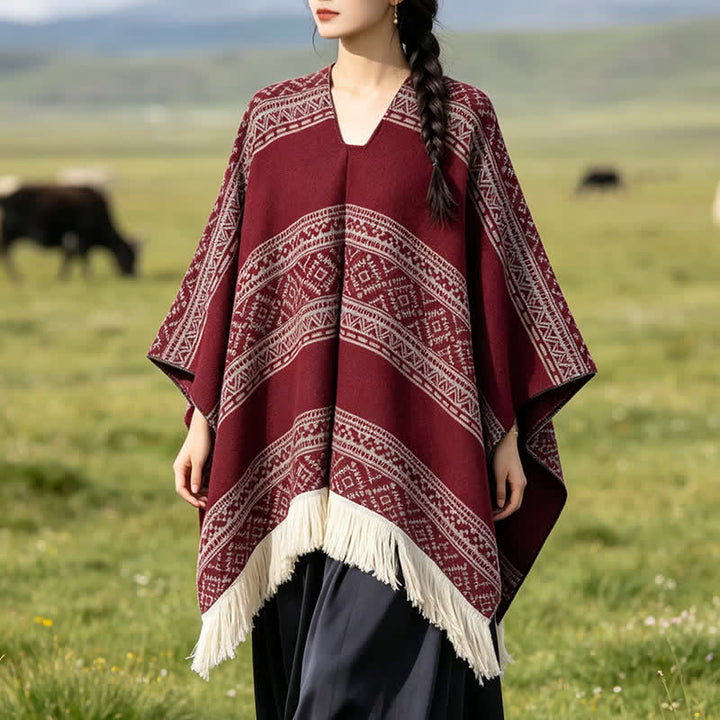 Buddha Stones Sciarpa da donna autunno/inverno in stile boho con righe geometriche e nappe. - Rosso - 150*136 - image 17