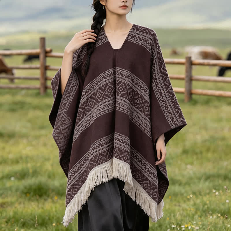 Buddha Stones Sciarpa da donna autunno/inverno in stile boho con righe geometriche e nappe. - Marrone sella - 150*136 - image 21