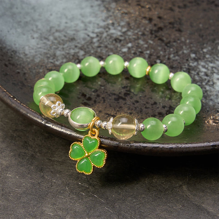 Buddha Stones Bracciale di sostegno con perle di citrino occhio di gatto, giada ciano e quadrifoglio. - image 8
