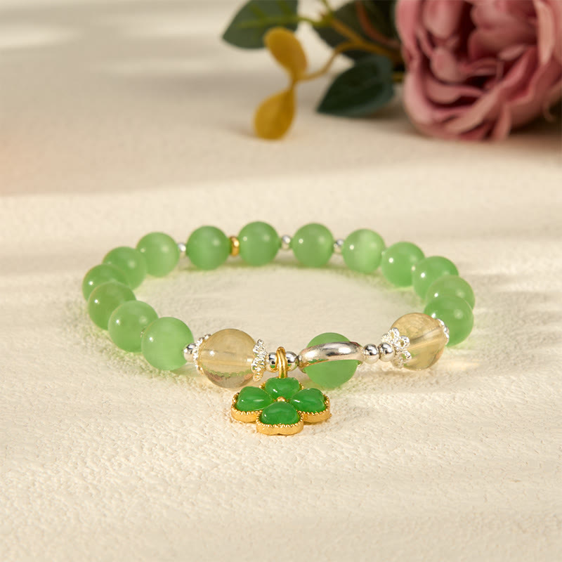 Buddha Stones Bracciale di sostegno con perle di citrino occhio di gatto, giada ciano e quadrifoglio. - image 2