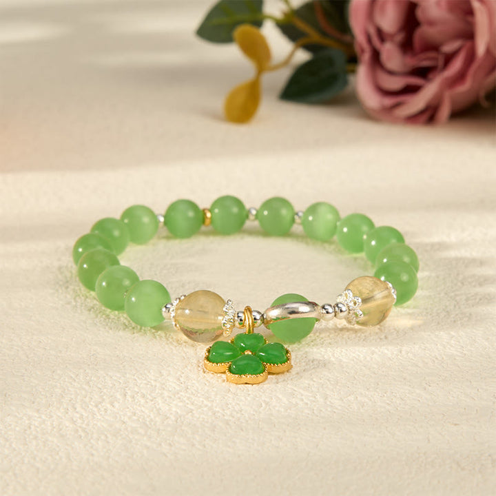 Buddha Stones Bracciale di sostegno con perle di citrino occhio di gatto, giada ciano e quadrifoglio. - image 2