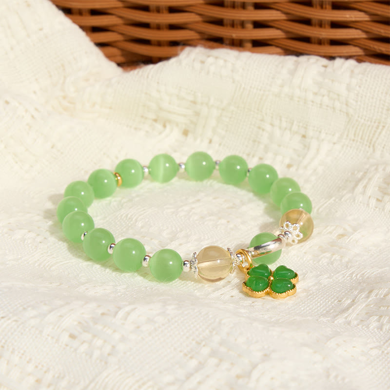 Buddha Stones Bracciale di sostegno con perle di citrino occhio di gatto, giada ciano e quadrifoglio. - image 4