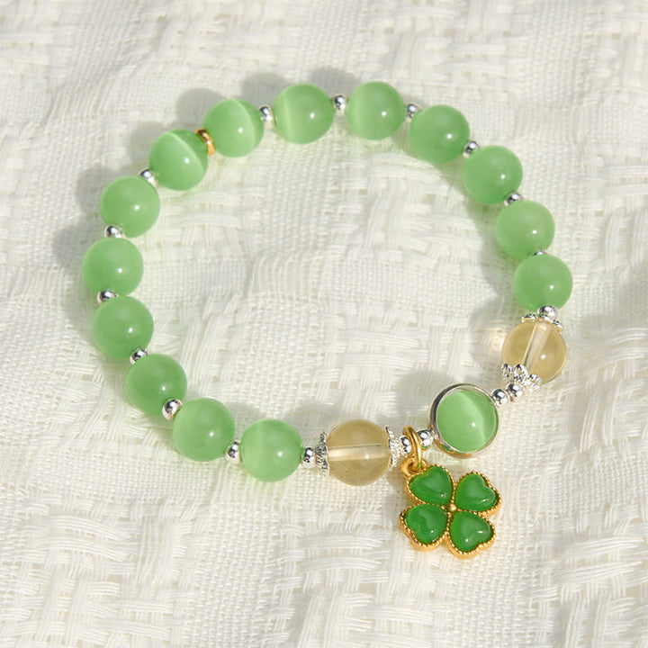 Buddha Stones Bracciale di sostegno con perle di citrino occhio di gatto, giada ciano e quadrifoglio. - image 3