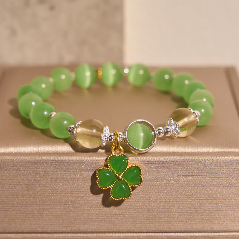 Buddha Stones Bracciale di sostegno con perle di citrino occhio di gatto, giada ciano e quadrifoglio. - image 1
