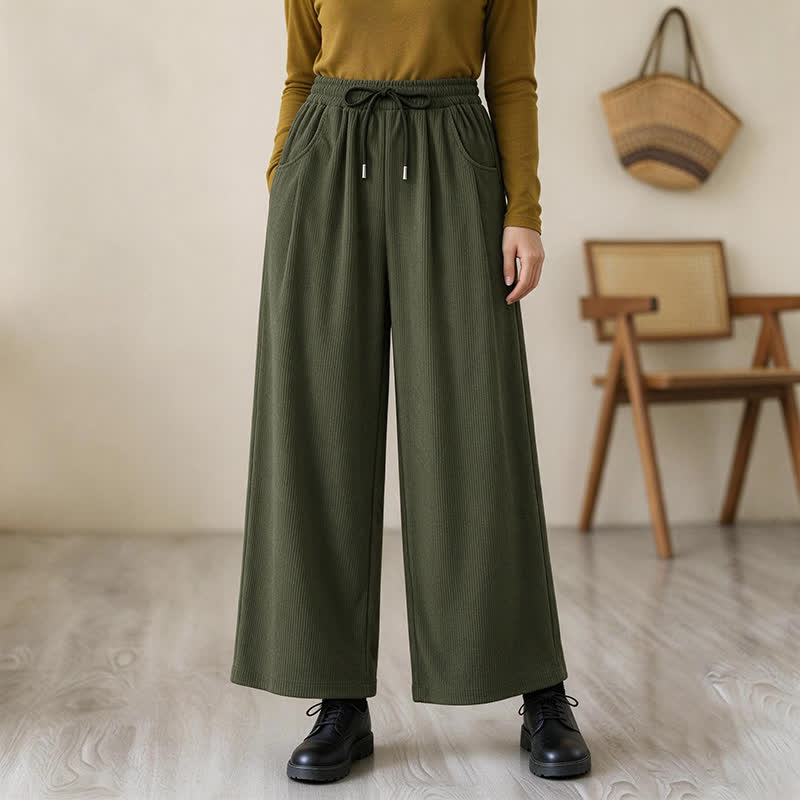 Buddha Stones Pantaloni lunghi da donna in velluto a coste, tinta unita, casual, minimalisti, con coulisse, a gamba dritta e tasche, per autunno/inverno. - Verde oliva scuro - US12, UK/AU16, EU44 (2XL) - image 0