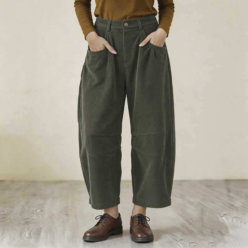 Buddha Stones Pantaloni harem da donna in velluto a coste tinta unita, stile vintage, casual, con bottoni e cerniera, per l'autunno. - Verde oliva scuro - US8-10, UK/AU12-14, EU40-42 (2XL) - image 0