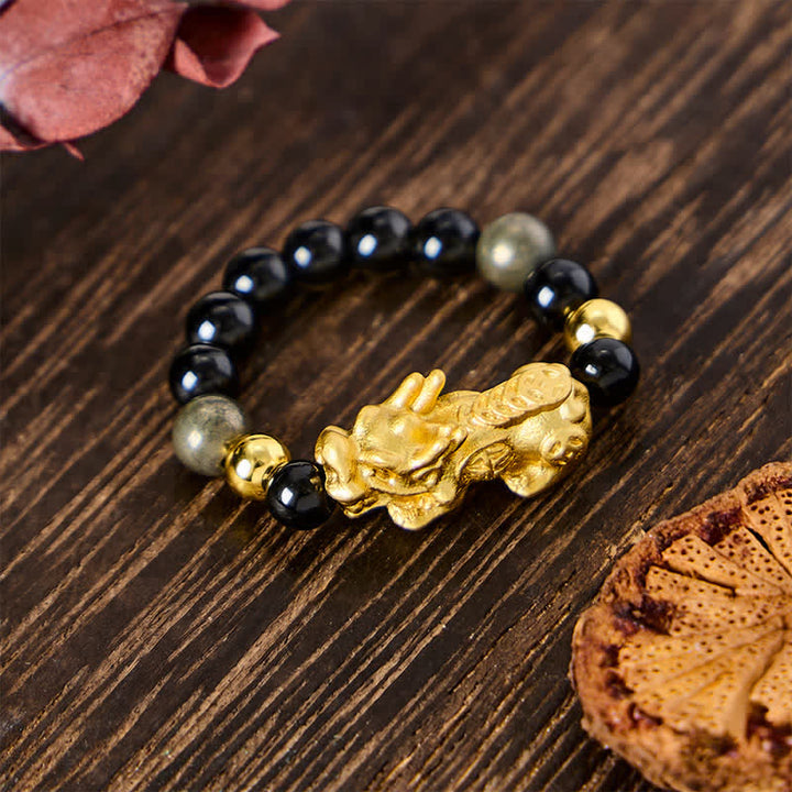 Buddha Stones Anello mini elasticizzato con perline in ossidiana nera, pirite, ematite, rame Pi Xiu per ricchezza ed energia - Ossidiana + Pirite - Taglia grande: corrisponde alle taglie americane 8-10 - image 0