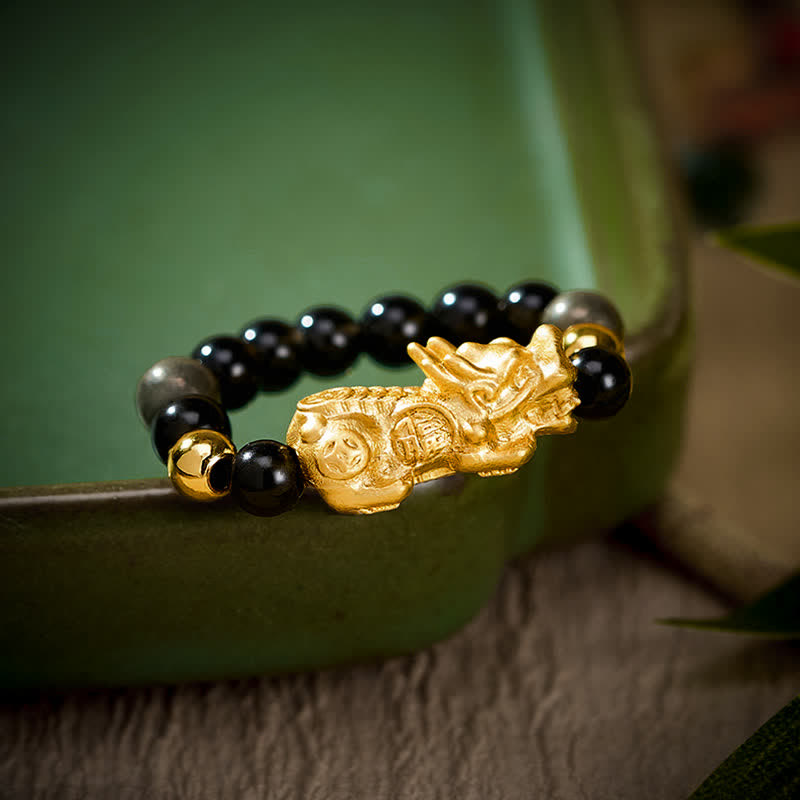 Buddha Stones Anello mini elasticizzato con perline in ossidiana nera, pirite, ematite, rame Pi Xiu per ricchezza ed energia - image 2