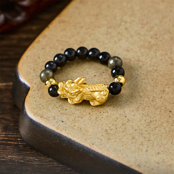 Buddha Stones Anello mini elasticizzato con perline in ossidiana nera, pirite, ematite, rame Pi Xiu per ricchezza ed energia - image 10