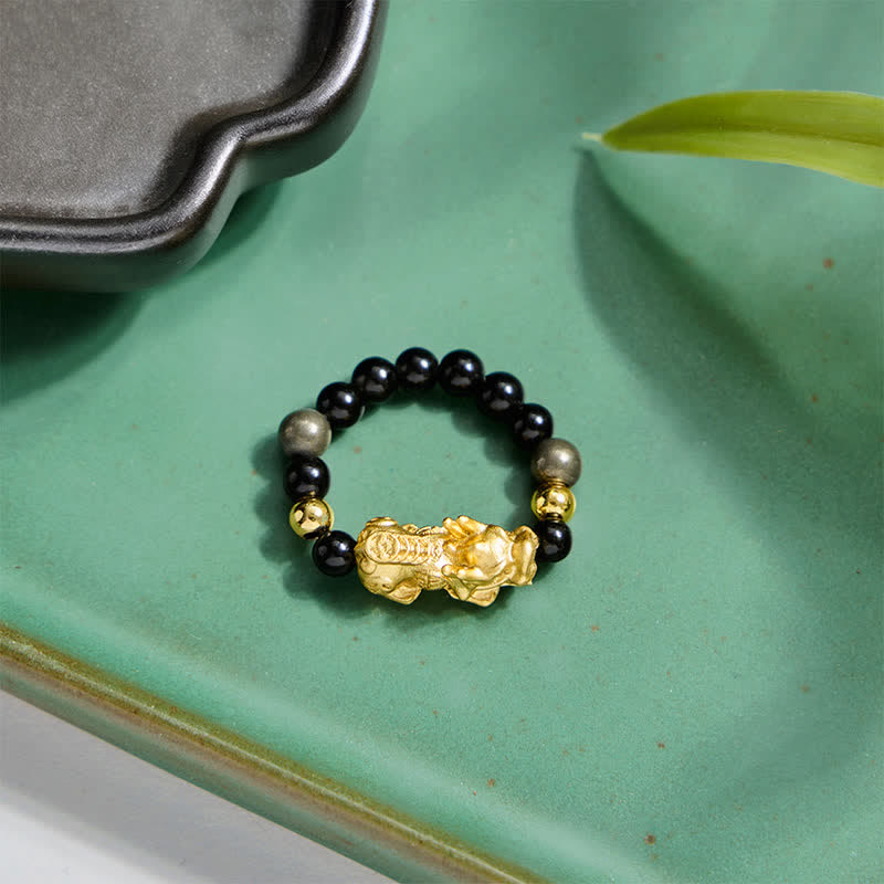 Buddha Stones Anello mini elasticizzato con perline in ossidiana nera, pirite, ematite, rame Pi Xiu per ricchezza ed energia - image 11