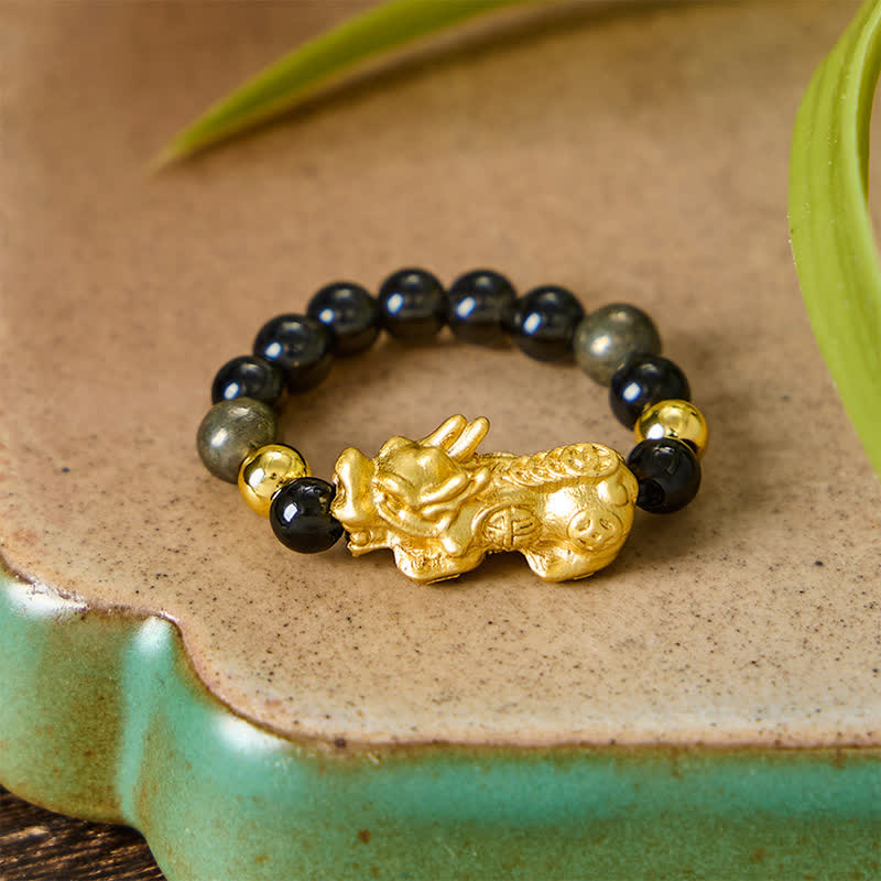 Buddha Stones Anello mini elasticizzato con perline in ossidiana nera, pirite, ematite, rame Pi Xiu per ricchezza ed energia - image 3