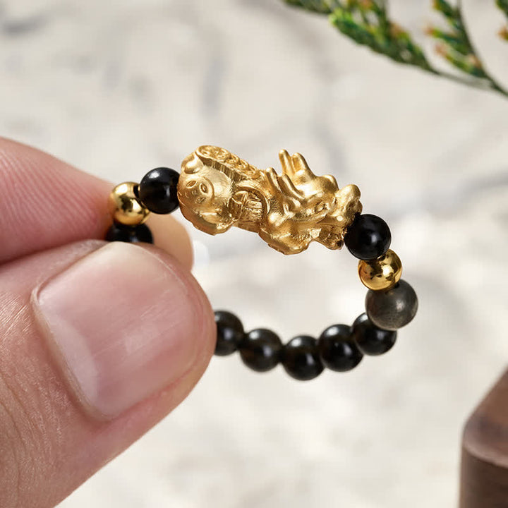 Buddha Stones Anello mini elasticizzato con perline in ossidiana nera, pirite, ematite, rame Pi Xiu per ricchezza ed energia - image 4