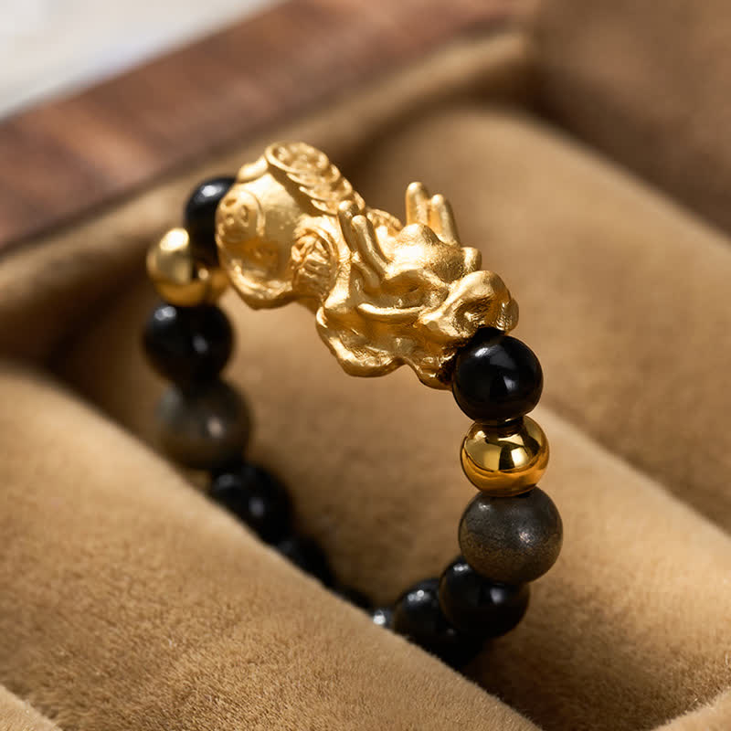 Buddha Stones Anello mini elasticizzato con perline in ossidiana nera, pirite, ematite, rame Pi Xiu per ricchezza ed energia - image 12