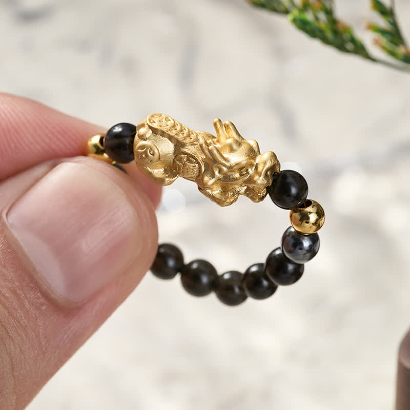 Buddha Stones Anello mini elasticizzato con perline in ossidiana nera, pirite, ematite, rame Pi Xiu per ricchezza ed energia - image 18