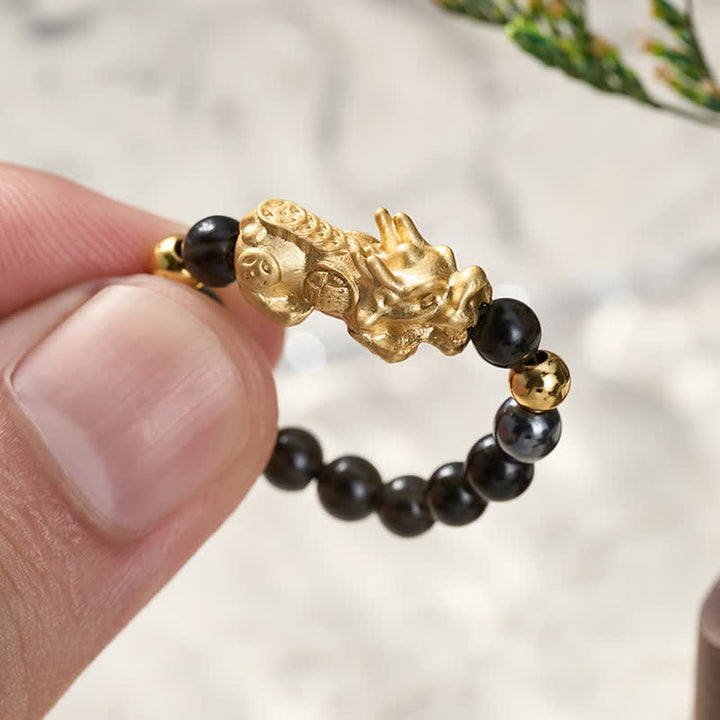 Buddha Stones Anello mini elasticizzato con perline in ossidiana nera, pirite, ematite, rame Pi Xiu per ricchezza ed energia - image 18