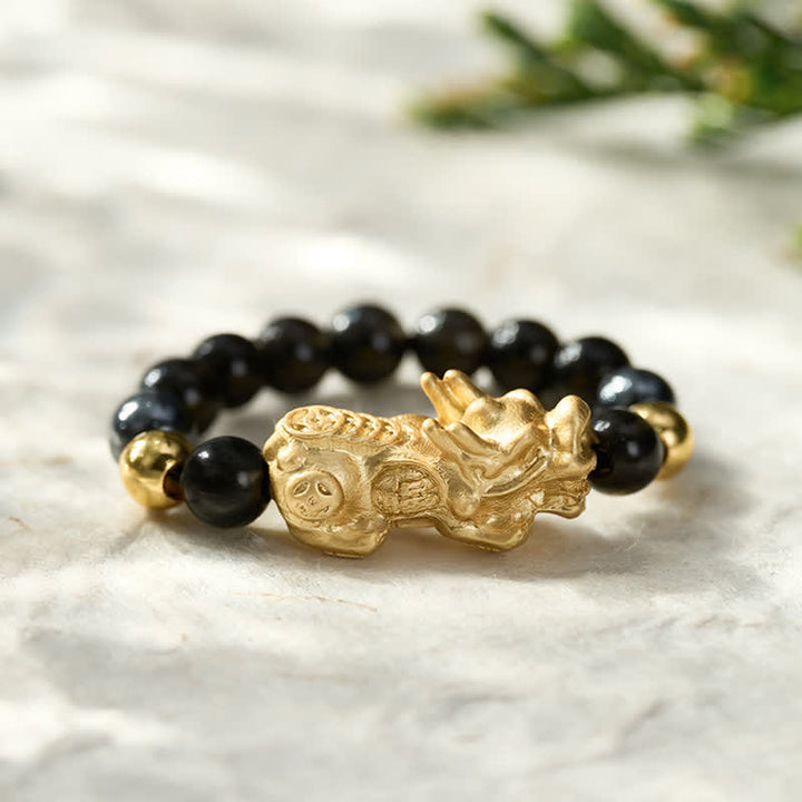 Buddha Stones Anello mini elasticizzato con perline in ossidiana nera, pirite, ematite, rame Pi Xiu per ricchezza ed energia - image 15