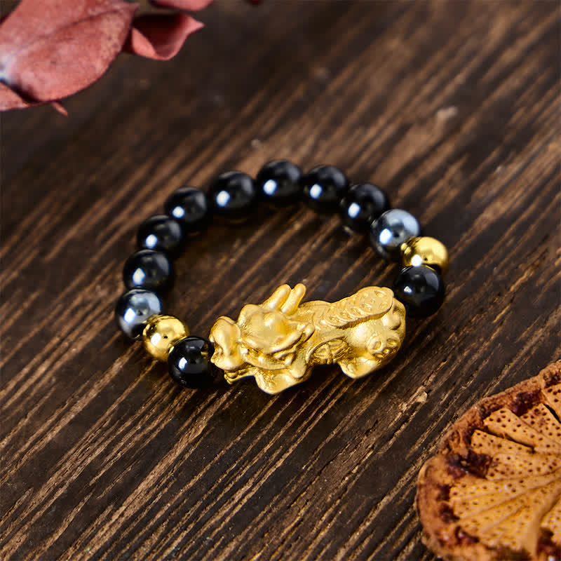 Buddha Stones Anello mini elasticizzato con perline in ossidiana nera, pirite, ematite, rame Pi Xiu per ricchezza ed energia - Ossidiana + Ematite - Taglia grande: corrisponde alle taglie americane 8-10 - image 14