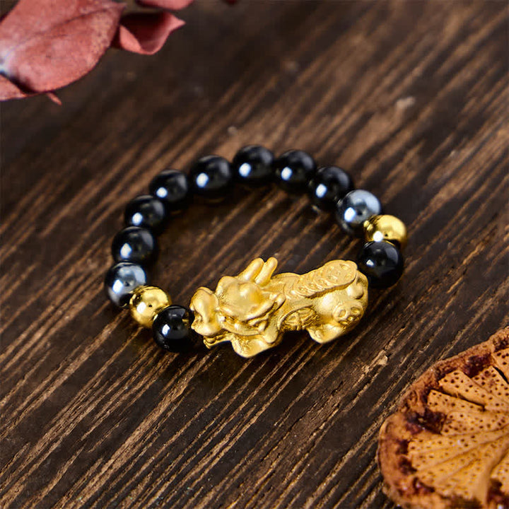 Buddha Stones Anello mini elasticizzato con perline in ossidiana nera, pirite, ematite, rame Pi Xiu per ricchezza ed energia - Ossidiana + Ematite - Taglia grande: corrisponde alle taglie americane 8-10 - image 14