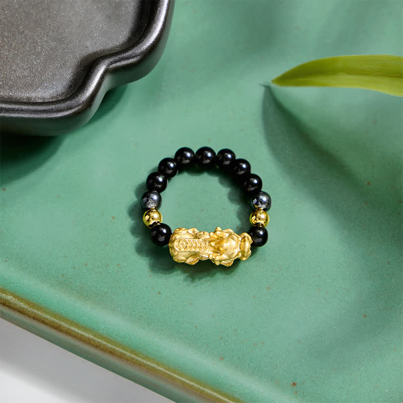 Buddha Stones Anello mini elasticizzato con perline in ossidiana nera, pirite, ematite, rame Pi Xiu per ricchezza ed energia - image 20
