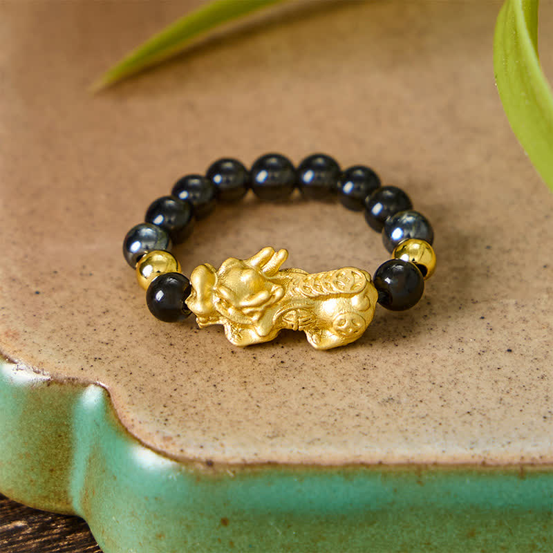 Buddha Stones Anello mini elasticizzato con perline in ossidiana nera, pirite, ematite, rame Pi Xiu per ricchezza ed energia - image 19