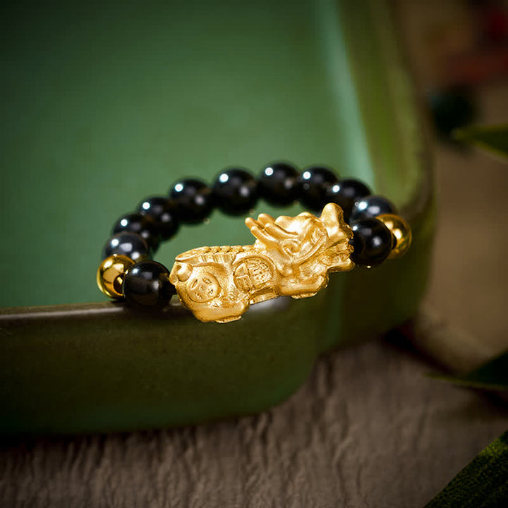 Buddha Stones Anello mini elasticizzato con perline in ossidiana nera, pirite, ematite, rame Pi Xiu per ricchezza ed energia - image 16
